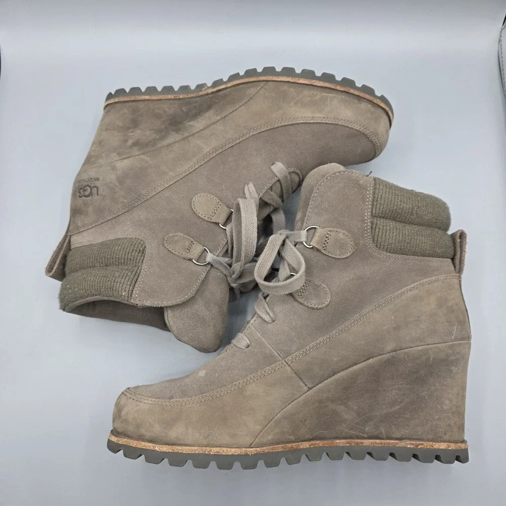 UGG Kriston Booties Womens‎ 9.5 Brown Leather Wedge Ankle Boots Waterproof